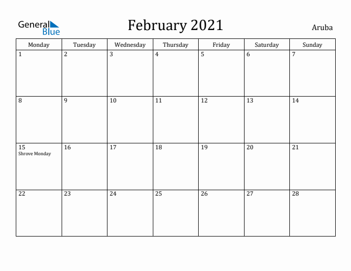February 2021 Calendar Aruba
