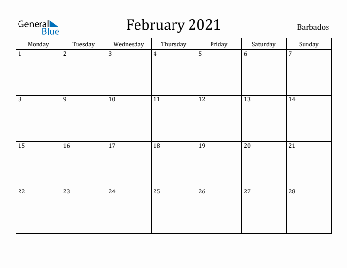 February 2021 Calendar Barbados