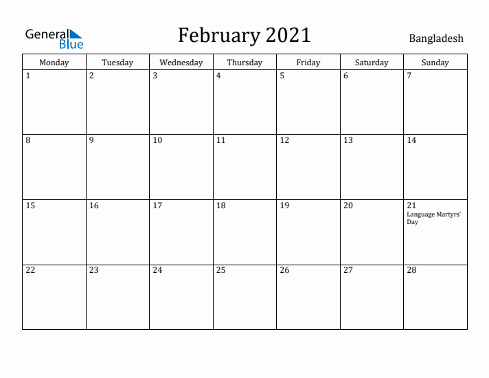 February 2021 Calendar Bangladesh