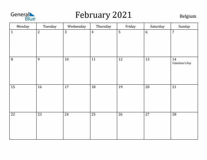 February 2021 Calendar Belgium