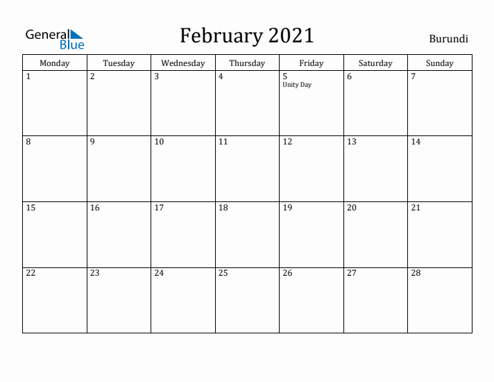February 2021 Calendar Burundi