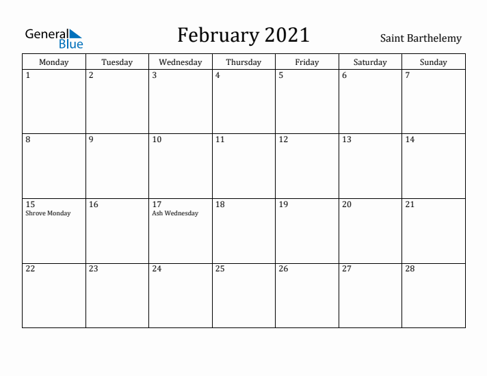 February 2021 Calendar Saint Barthelemy