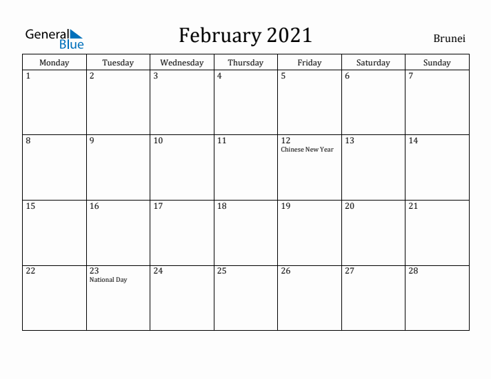 February 2021 Calendar Brunei