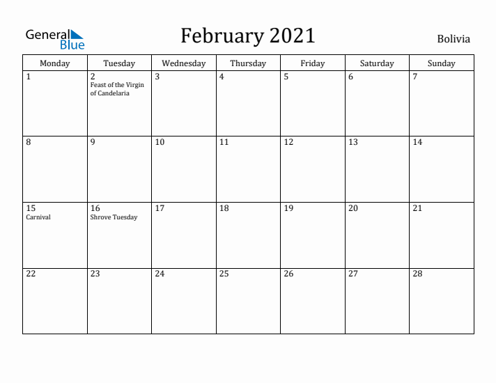 February 2021 Calendar Bolivia