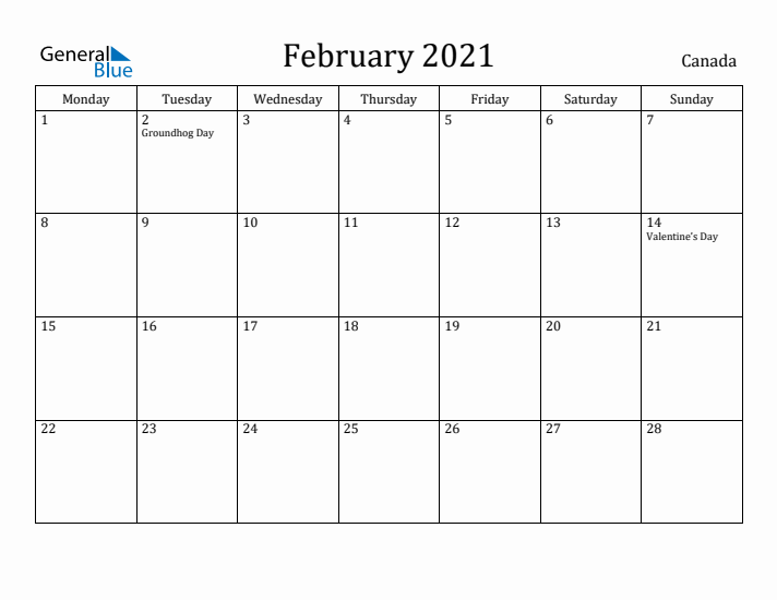February 2021 Calendar Canada