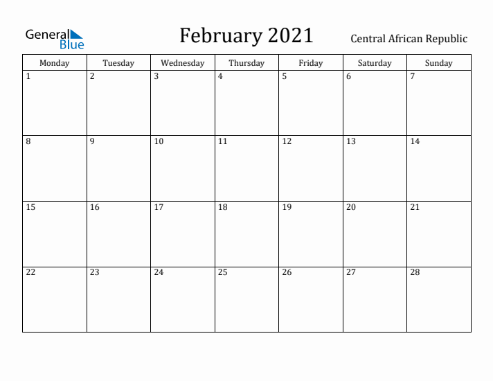 February 2021 Calendar Central African Republic