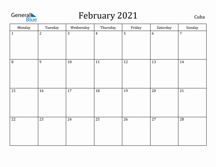February 2021 Calendar Cuba