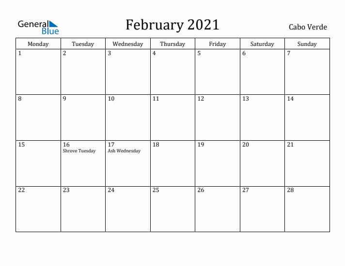 February 2021 Calendar Cabo Verde
