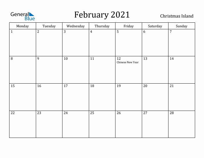 February 2021 Calendar Christmas Island