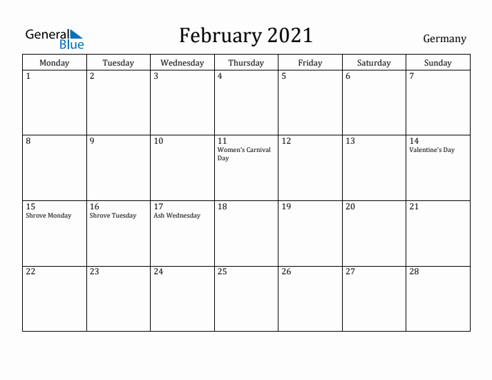 February 2021 Calendar Germany