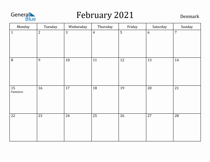 February 2021 Calendar Denmark