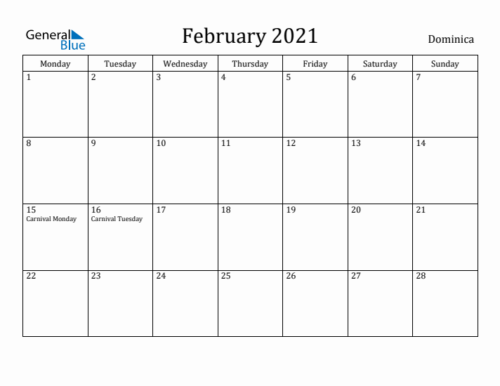 February 2021 Calendar Dominica