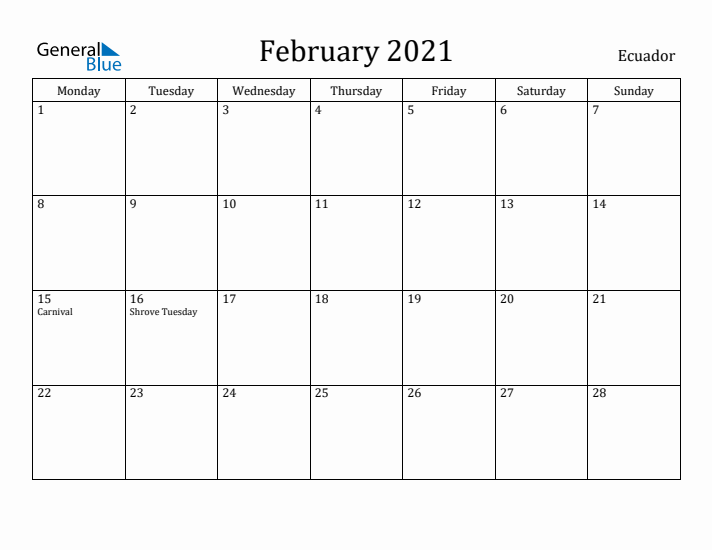 February 2021 Calendar Ecuador