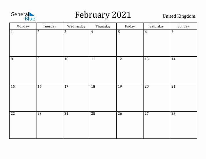 February 2021 Calendar United Kingdom