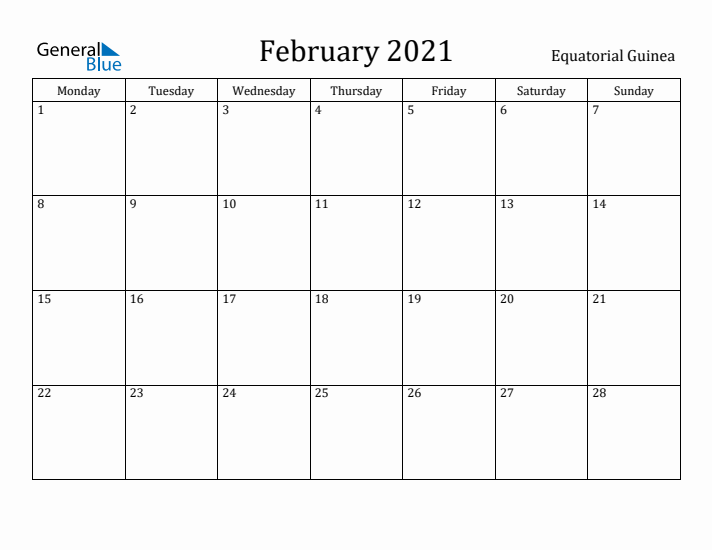 February 2021 Calendar Equatorial Guinea