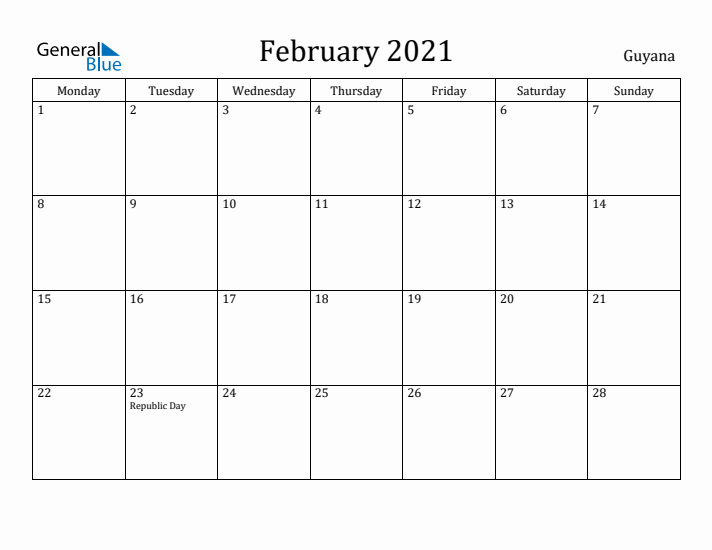 February 2021 Calendar Guyana