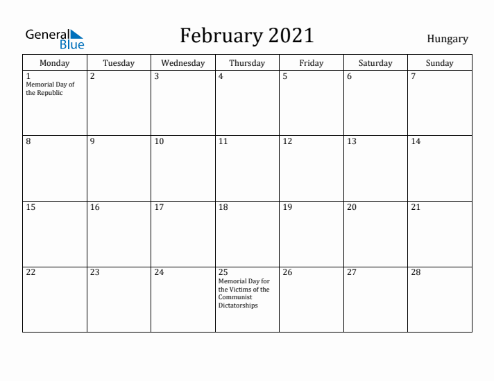 February 2021 Calendar Hungary