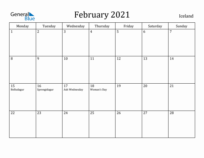 February 2021 Calendar Iceland