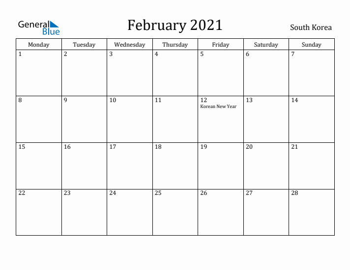 February 2021 Calendar South Korea