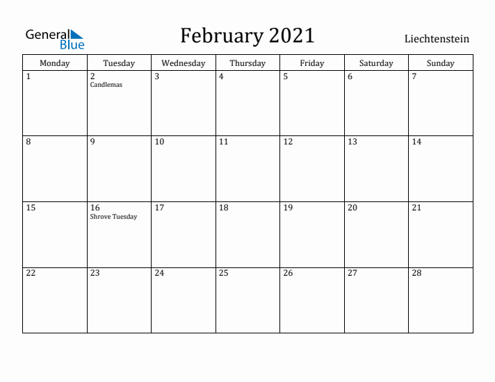 February 2021 Calendar Liechtenstein