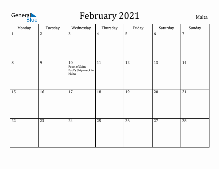 February 2021 Calendar Malta