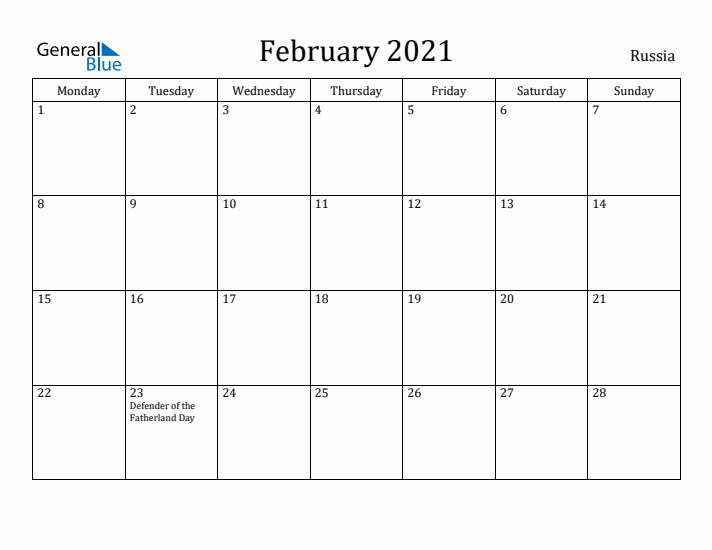 February 2021 Calendar Russia