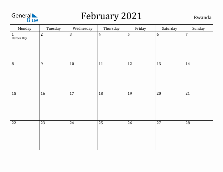 February 2021 Calendar Rwanda