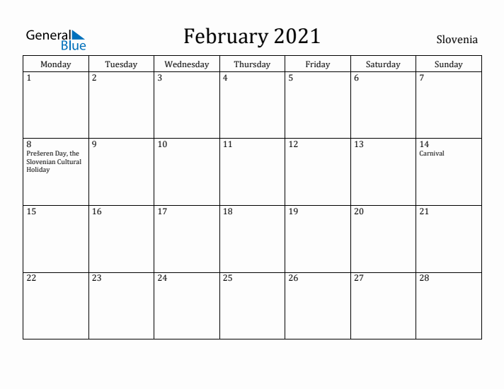 February 2021 Calendar Slovenia