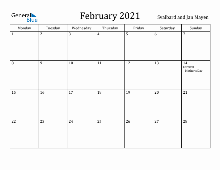 February 2021 Calendar Svalbard and Jan Mayen