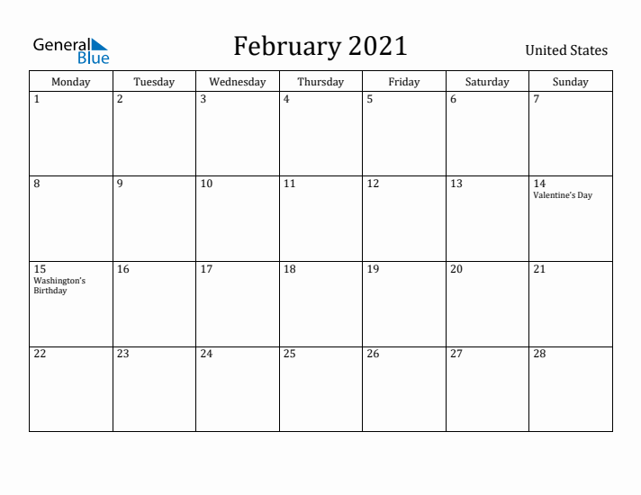 February 2021 Calendar United States