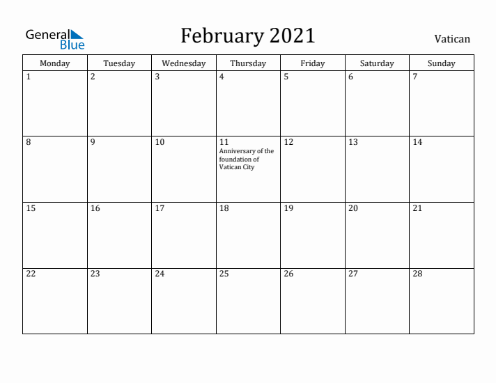 February 2021 Calendar Vatican