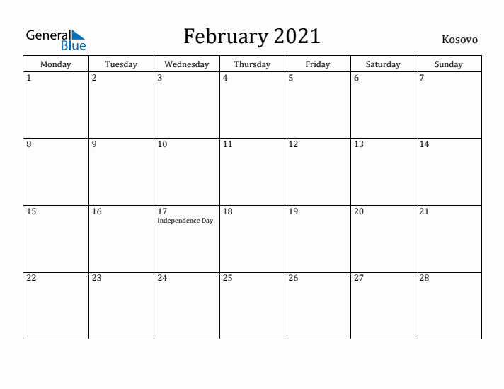 February 2021 Calendar Kosovo
