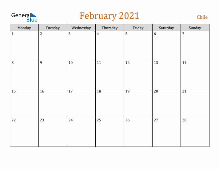 February 2021 Holiday Calendar with Monday Start
