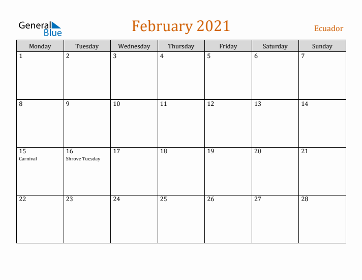 February 2021 Holiday Calendar with Monday Start