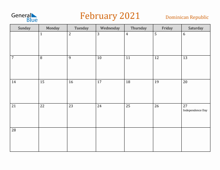 February 2021 Holiday Calendar with Sunday Start