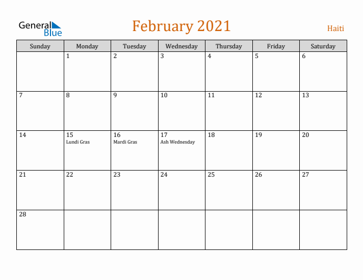 February 2021 Holiday Calendar with Sunday Start