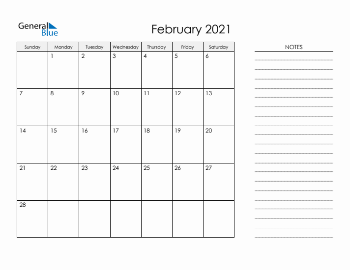 Printable Monthly Calendar with Notes - February 2021