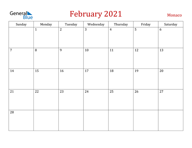 Monaco February 2021 Calendar
