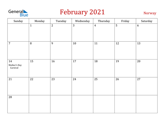 Norway February 2021 Calendar