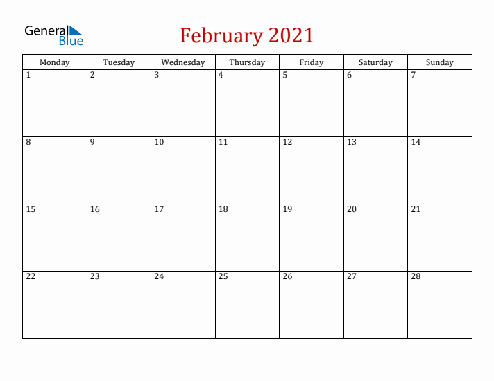 Blank February 2021 Calendar with Monday Start
