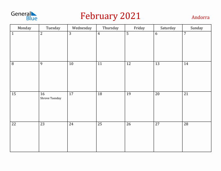 Andorra February 2021 Calendar - Monday Start