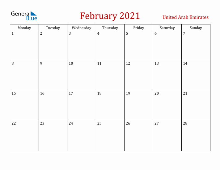 United Arab Emirates February 2021 Calendar - Monday Start