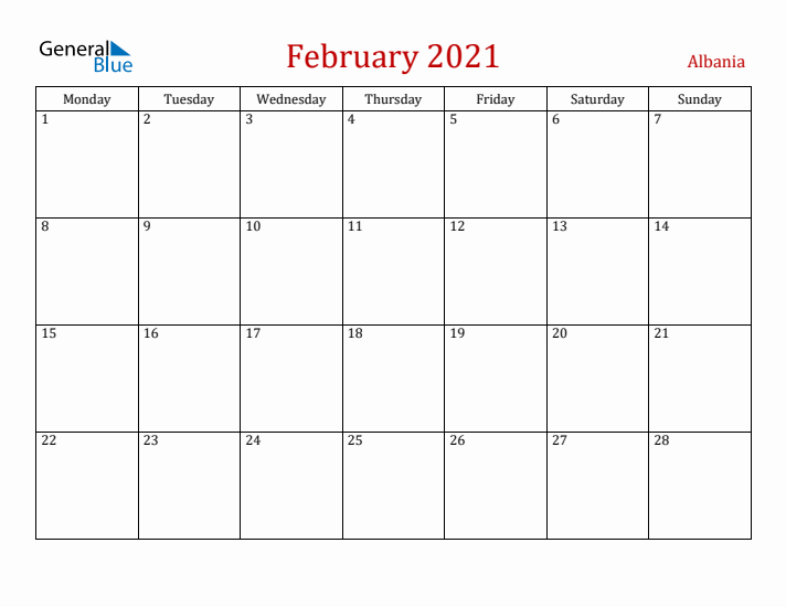 Albania February 2021 Calendar - Monday Start