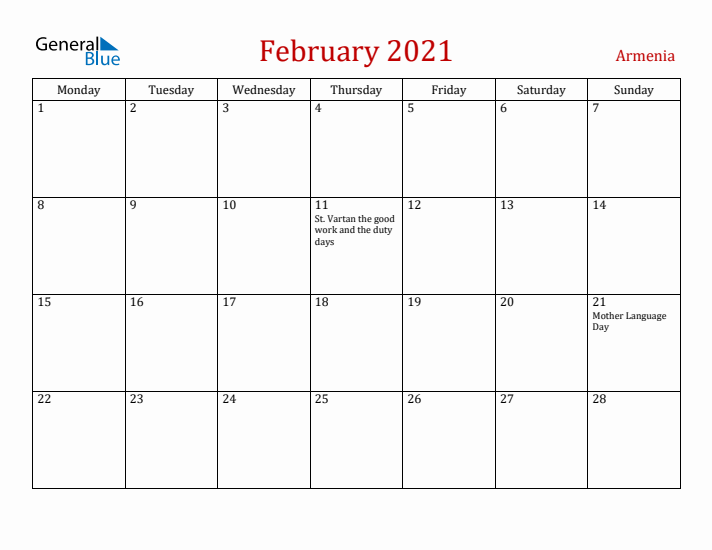Armenia February 2021 Calendar - Monday Start