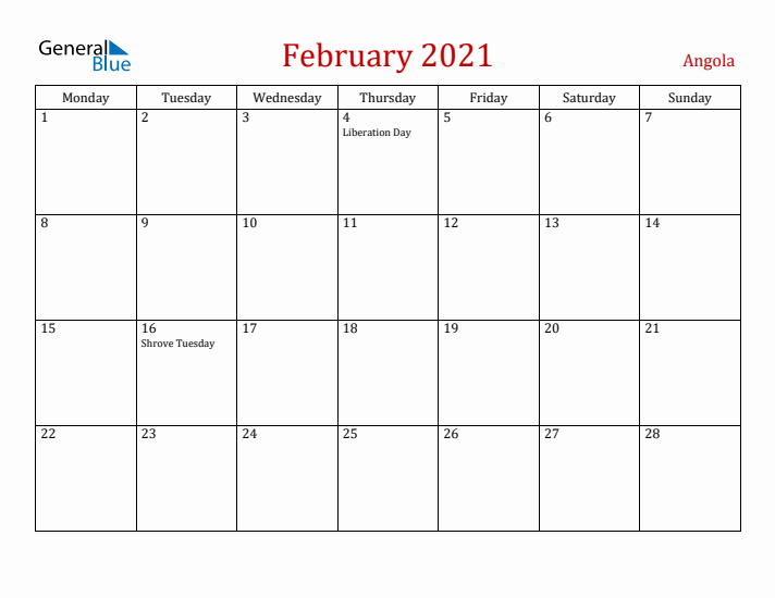 Angola February 2021 Calendar - Monday Start