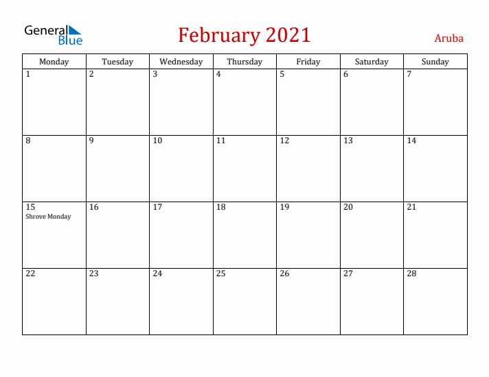 Aruba February 2021 Calendar - Monday Start
