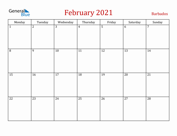 Barbados February 2021 Calendar - Monday Start