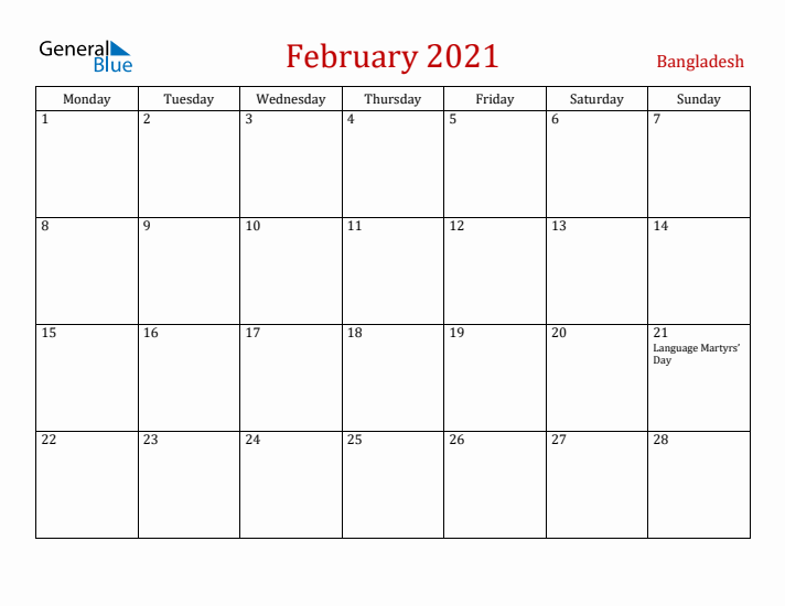 Bangladesh February 2021 Calendar - Monday Start