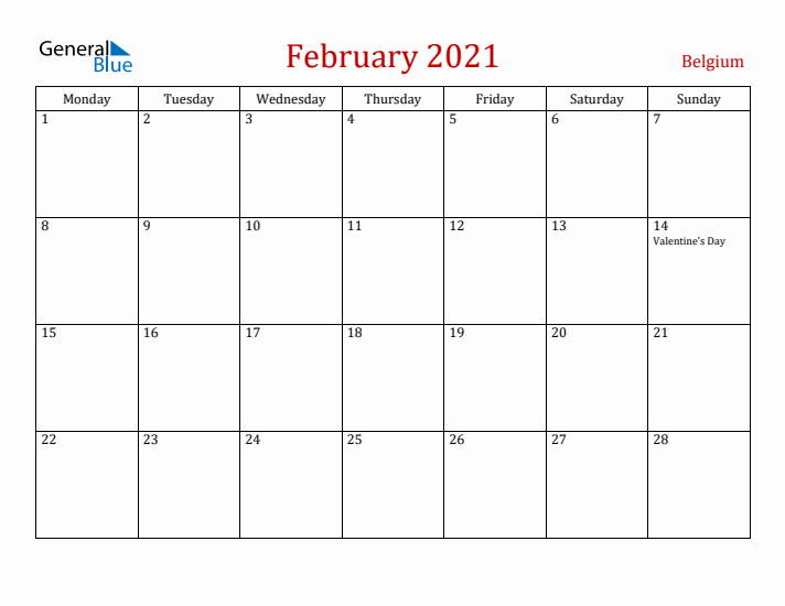 Belgium February 2021 Calendar - Monday Start