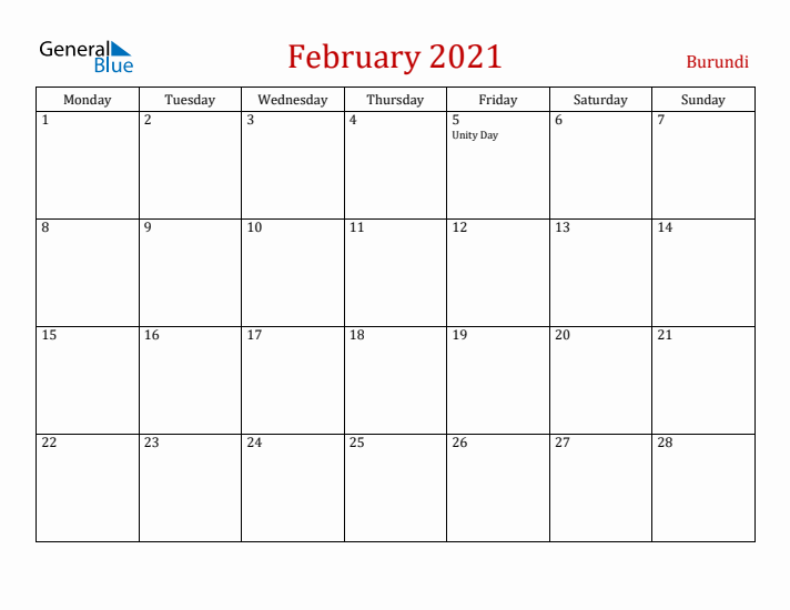 Burundi February 2021 Calendar - Monday Start